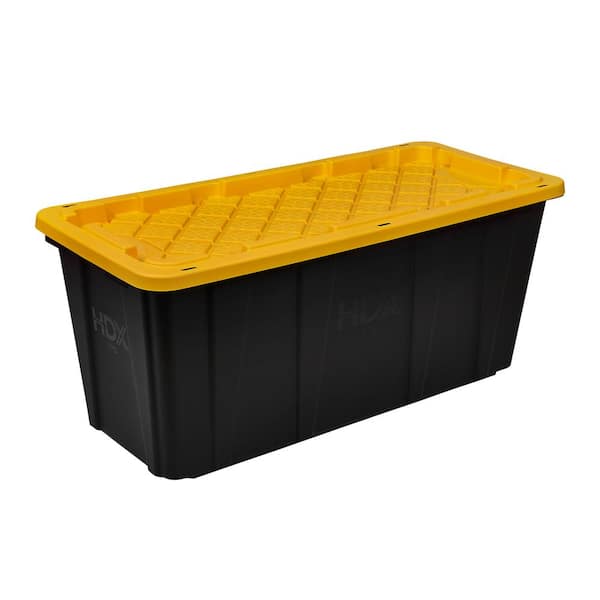 57 Gal. Tough Storage Tote in Black with Yellow Lid (999-57G-HDX) 57 Gal. Tough Storage Tote in Black with Yellow Lid (999-57G-HDX)